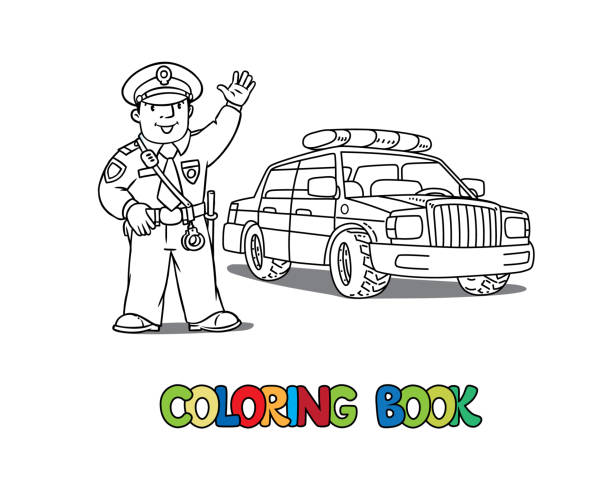 Police officer coloring page for kids stock illustrations royalty