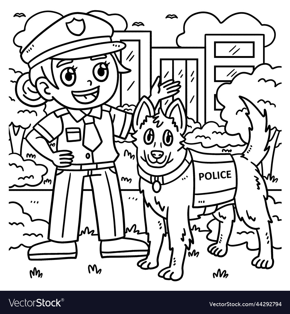 Police officer and dog coloring page royalty free vector