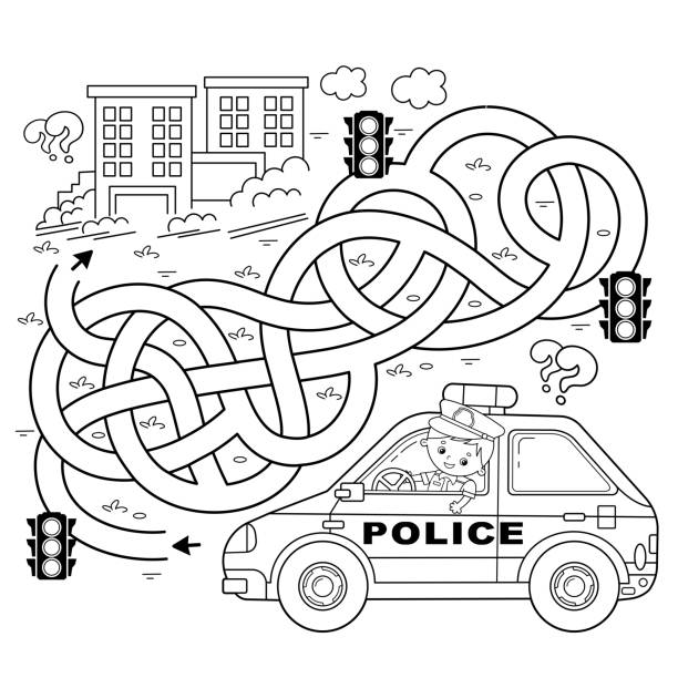 Police officer coloring page for kids stock illustrations royalty