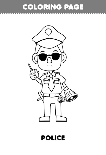 Premium vector education game for children coloring page of cute cartoon police profession line art printable worksheet