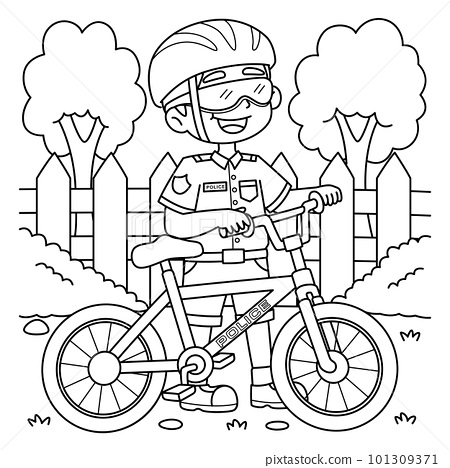 Police officer with a bike coloring page for kids