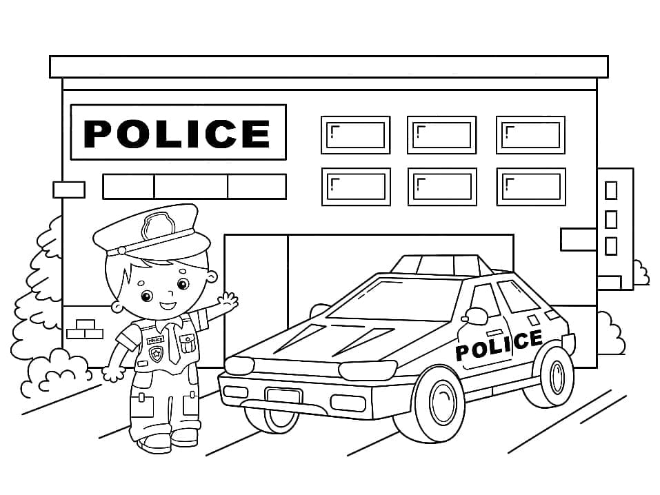 Cute policeman and police station coloring page