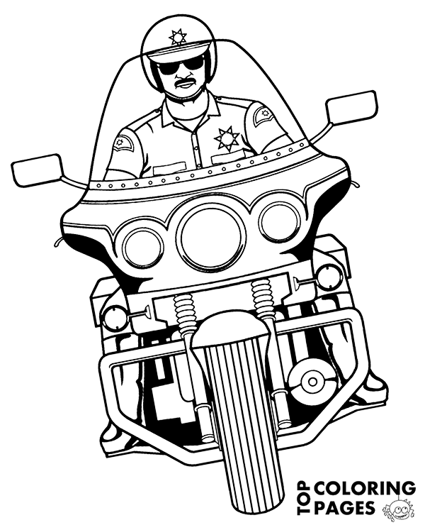 Policeman riding on motorbike on free printable coloring page