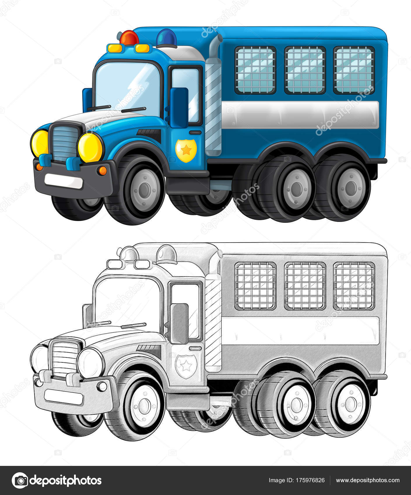 Cartoon happy funny police truck isolated smiling vehicle coloring page stock photo by illustratorhft