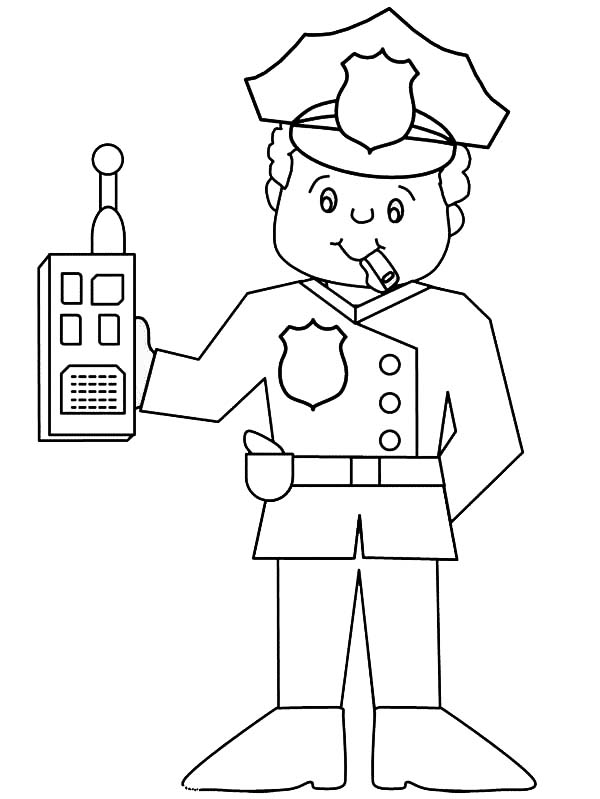 Police officer with walkie talkie coloring page