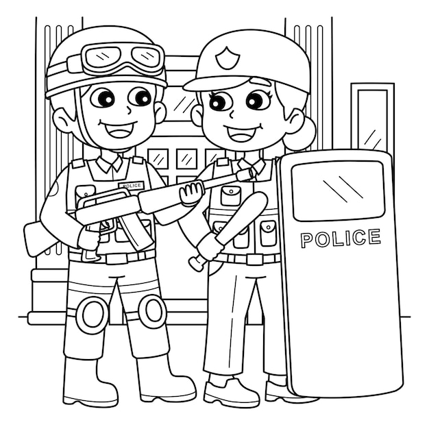 Premium vector police officer with full gear coloring page