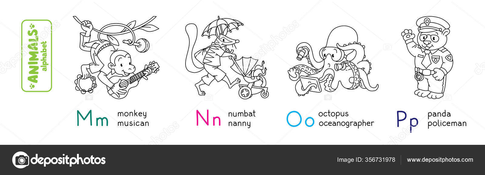 Animals professions abc coloring book funny monkey musician numbat nanny stock vector by passengerz