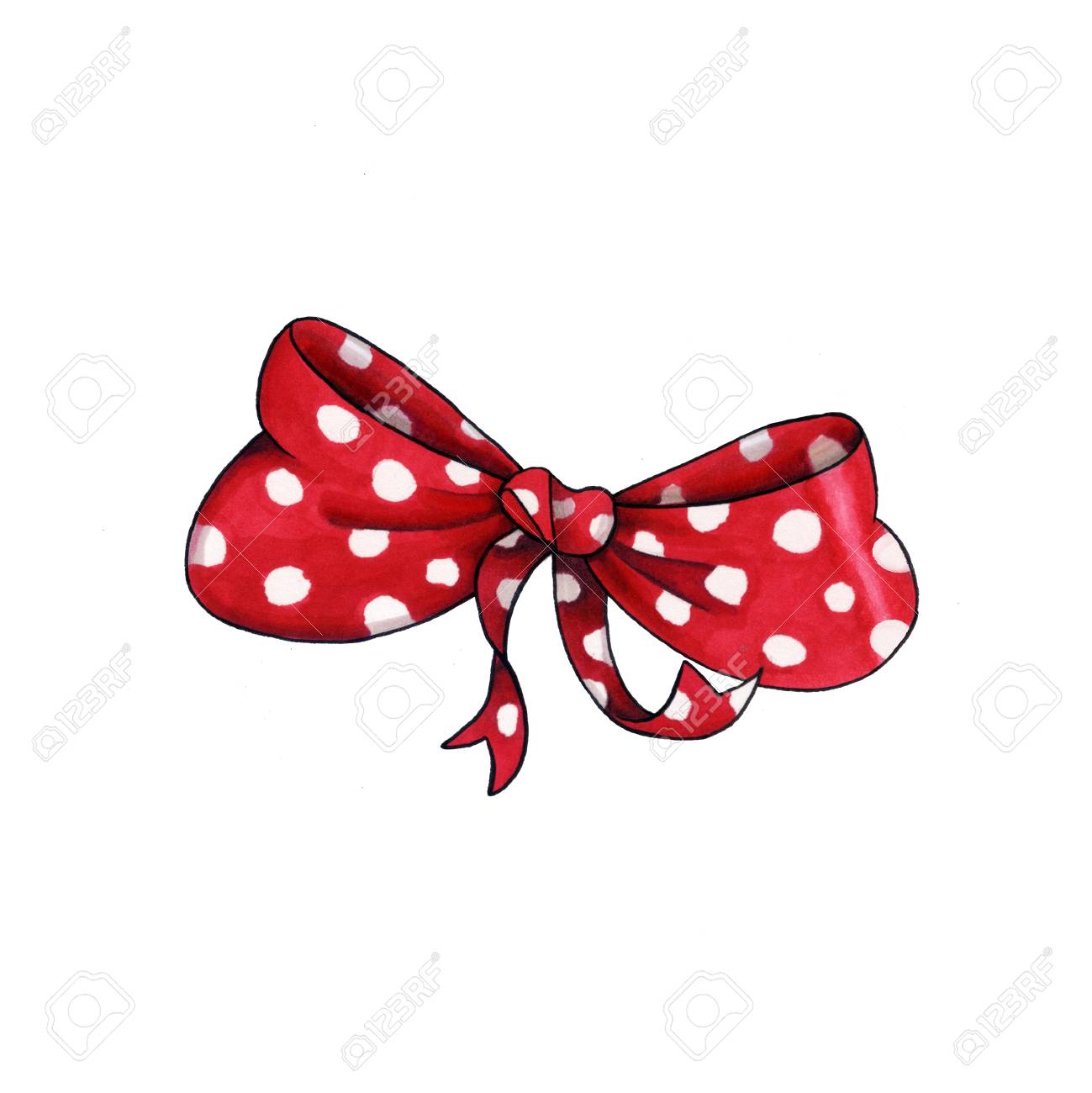 Ribbon knot handdrawn raster illustration realistic red polka dots gift bow drawing bowknot clipart cartoon bow