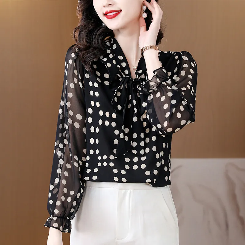 Spring elegant women polka dot bow tie sleeve casual shirts blouse tops