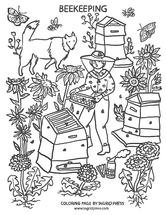 Bee garden coloring page download printable coloring sheet kids activity beekeeper collie dog sunflower pollinator