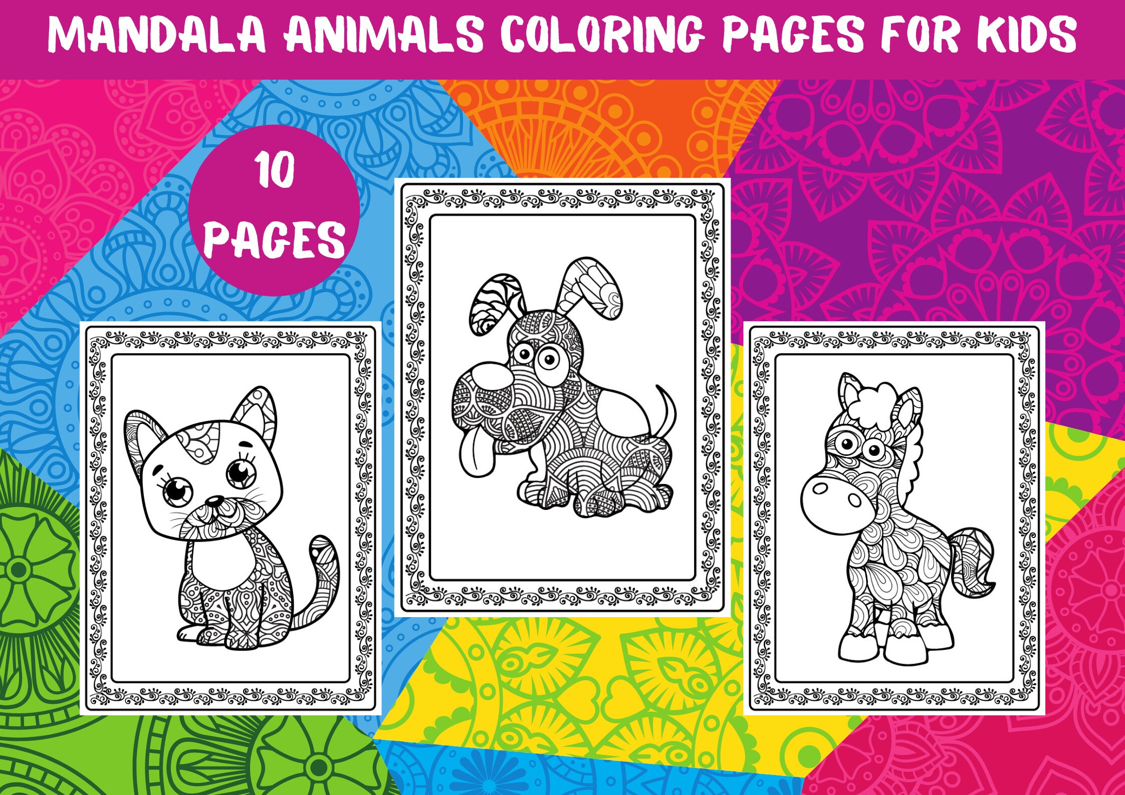 Mandala gato perro pescado vaca pollo pato caballo pãginas para colorear para niãos y niãas pãginas imprimibles libro digital mandala animals