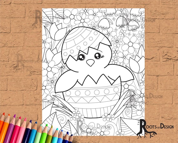 Instant download coloring page cute chicken in easter egg doodle art printable