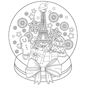 Premium vector coloring book for adults snow globe with memories of paris a bottle with eiffel tower gingerbread man cookies coffee and snowflakes