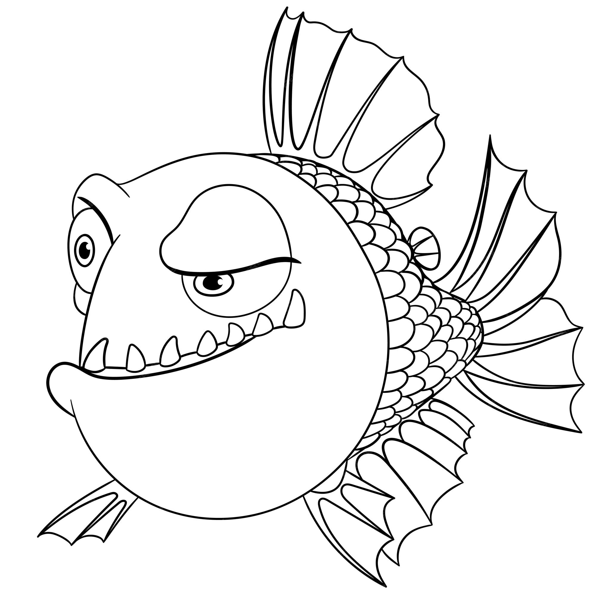 Premium vector cute funny piranha fish cartoon coloring book page for kids