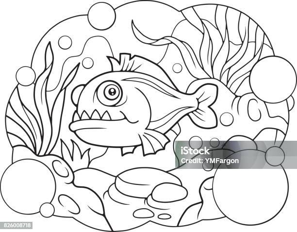 Cartoon piranha coloring book stock illustration