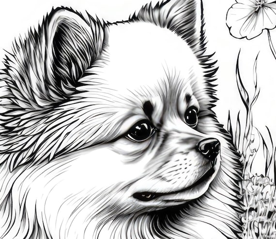 Pomeranian coloring sheet ai generated coloring page of a pom dog with flowers instant download