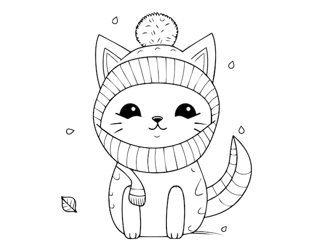 Premium vector a cute cat in a hat with a pom pom coloring page of cute cat line art vector