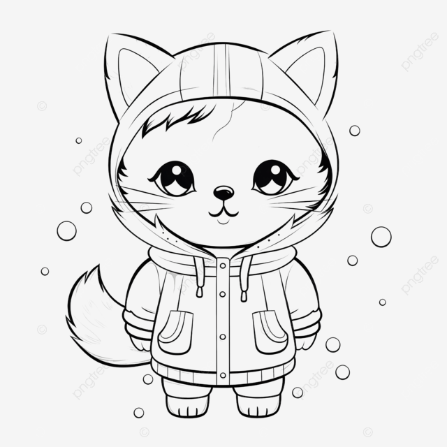 A cute cat in a hoodie with a pom pom on the front silhouette cat coloring page clipart line art coloring pages png transparent image and clipart for free download