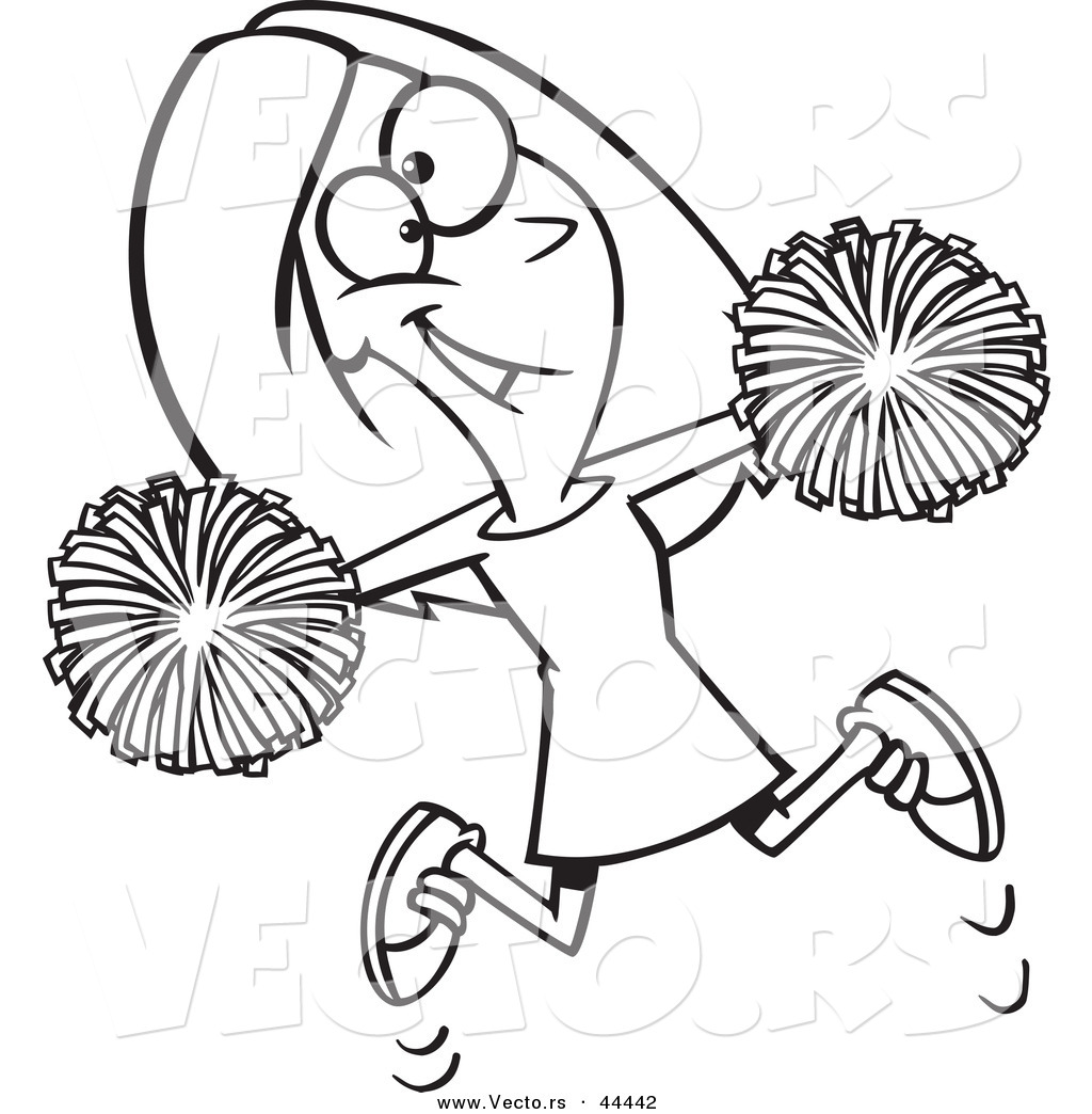 R of a happy cartoon cheerleader jumping with pom poms