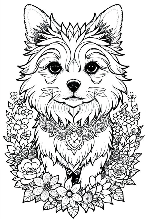 Coloring page mandala realistic pomeranian dog