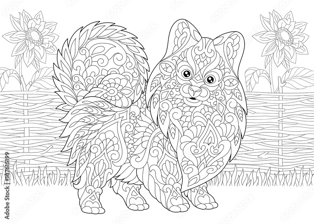 Coloring page adult coloring book pomeranian spitz dog symbol of chinese new year rural scene with sunflowers antistress freehand sketch drawing with doodle and zentangle elements vector