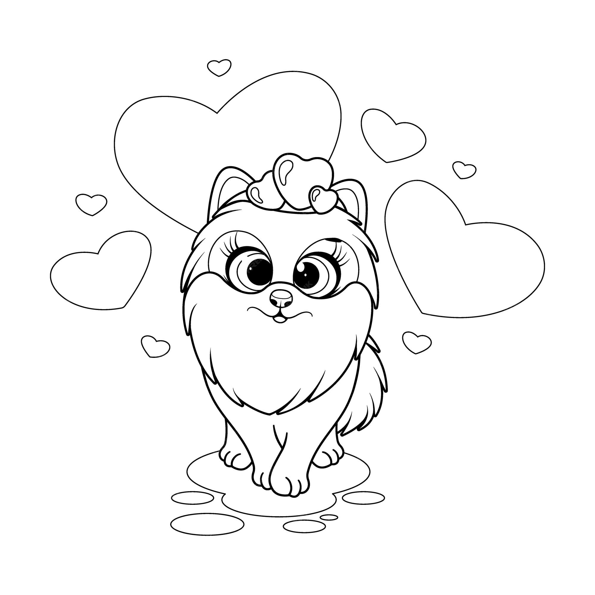 Premium vector coloring page cartoon cute dog pomeranian spitz with hearts