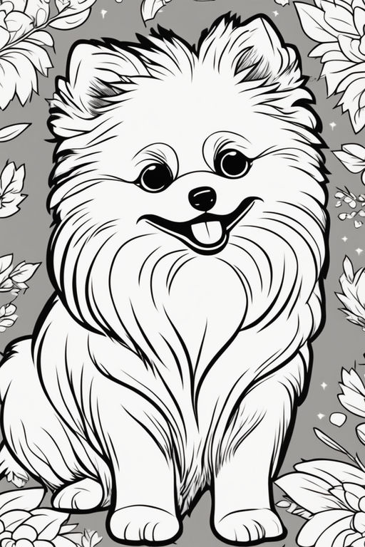 Clean coloring book page of a pomeranian a fluffy pomeranian with a wagging tail