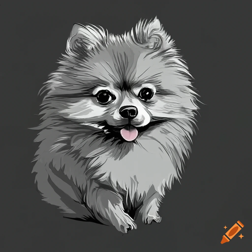 Pomeranian spitz puppy dog fineline drawing greyscale coloring book style on