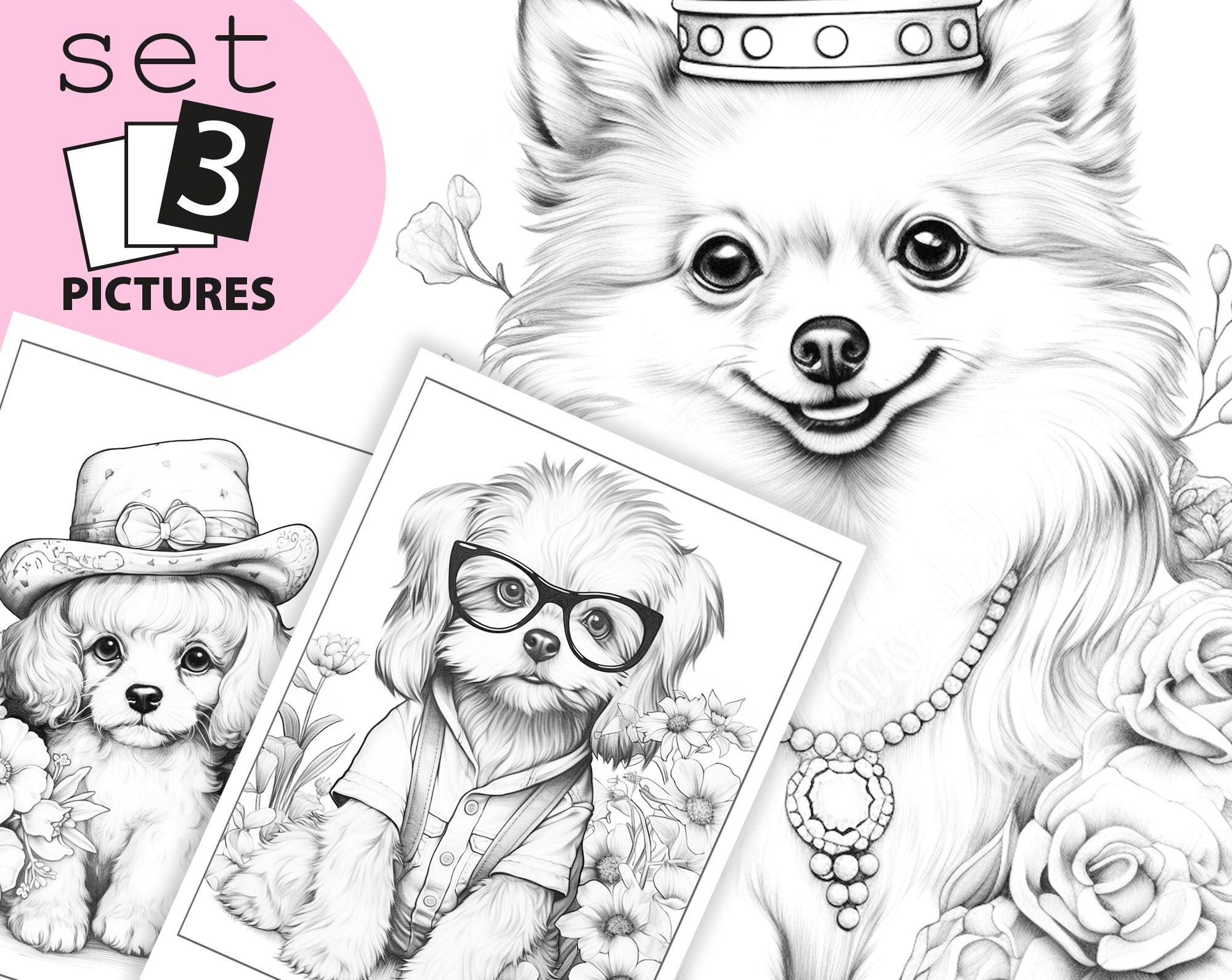 Funny puppies coloring pages for kids printable colouring pages book set pictures instant download grayscale illustration jpg