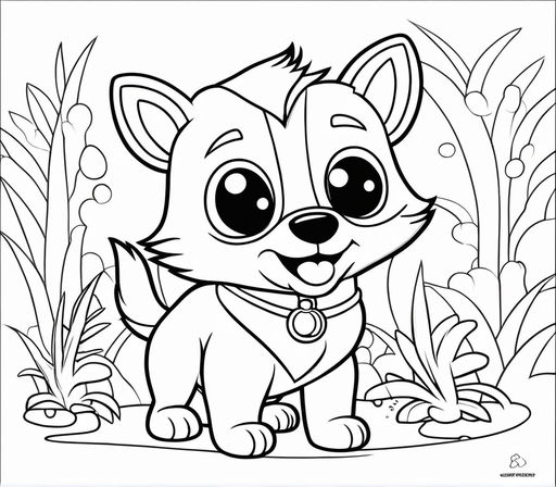 Clean coloring book page of a pomeranian a fluffy pomeranian with a wagging tail