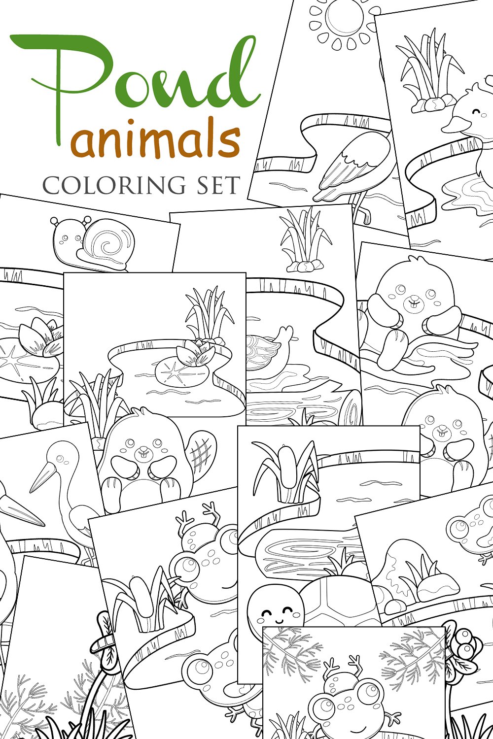 Cute water pond animals frog beaver turtle duck coloring set