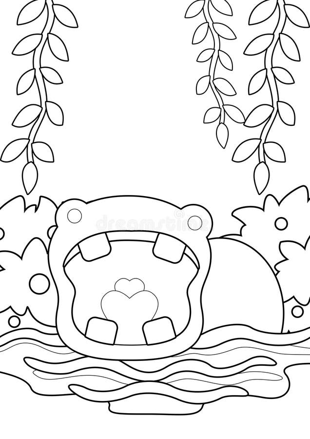 Cute hippo hippopotamus pond animal coloring pages for kids and adult stock illustration