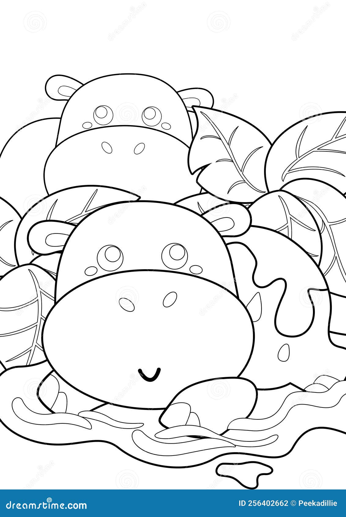 Cute hippo hippopotamus pond animal coloring pages for kids and adult stock illustration