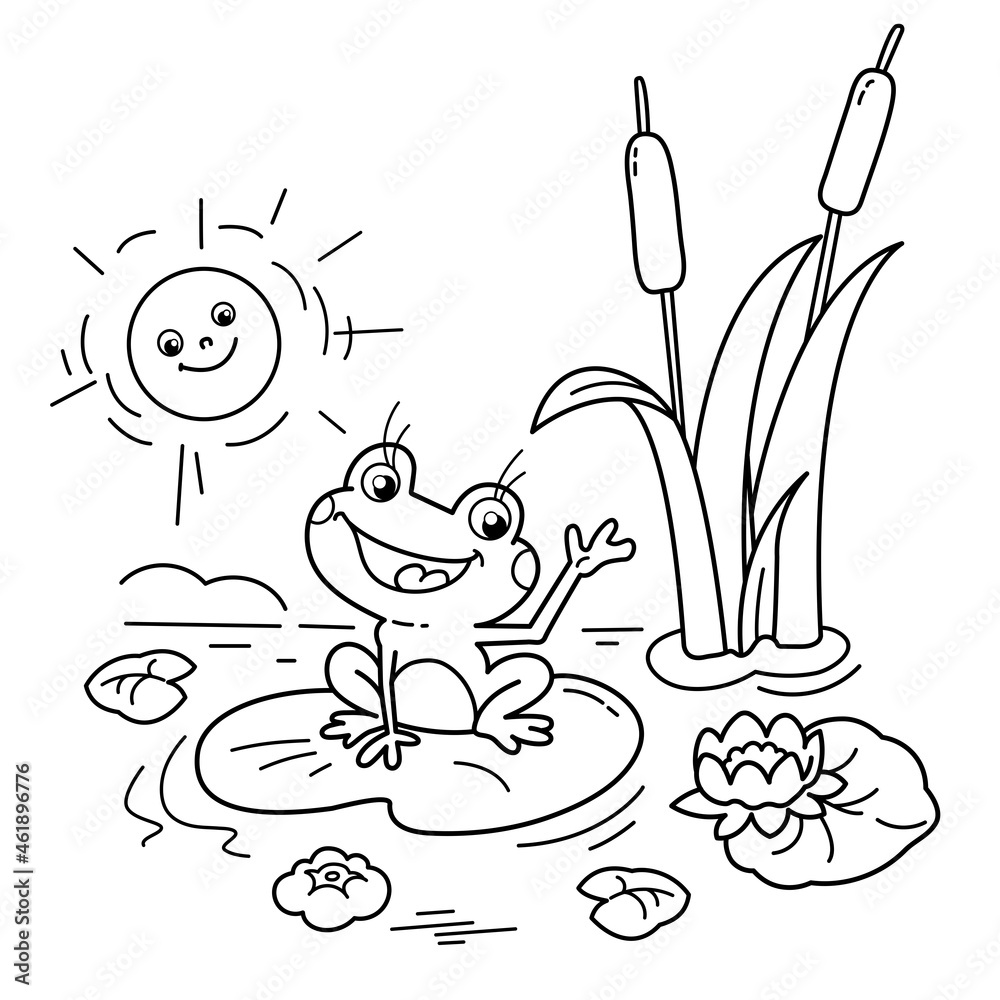 Coloring page outline of cartoon cheerful frog on pond summer coloring book for kids vector