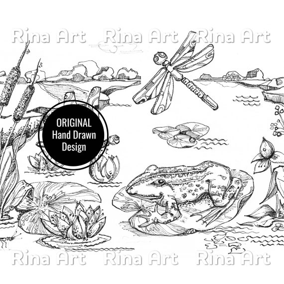 Pond coloring page printable adult colouring pages book download grayscale illustration jpg pdf