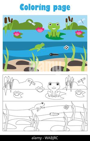 Pond with frog cartoon style coloring page education paper game for the development of children kids preschool activity printable worksheet stock vector image art