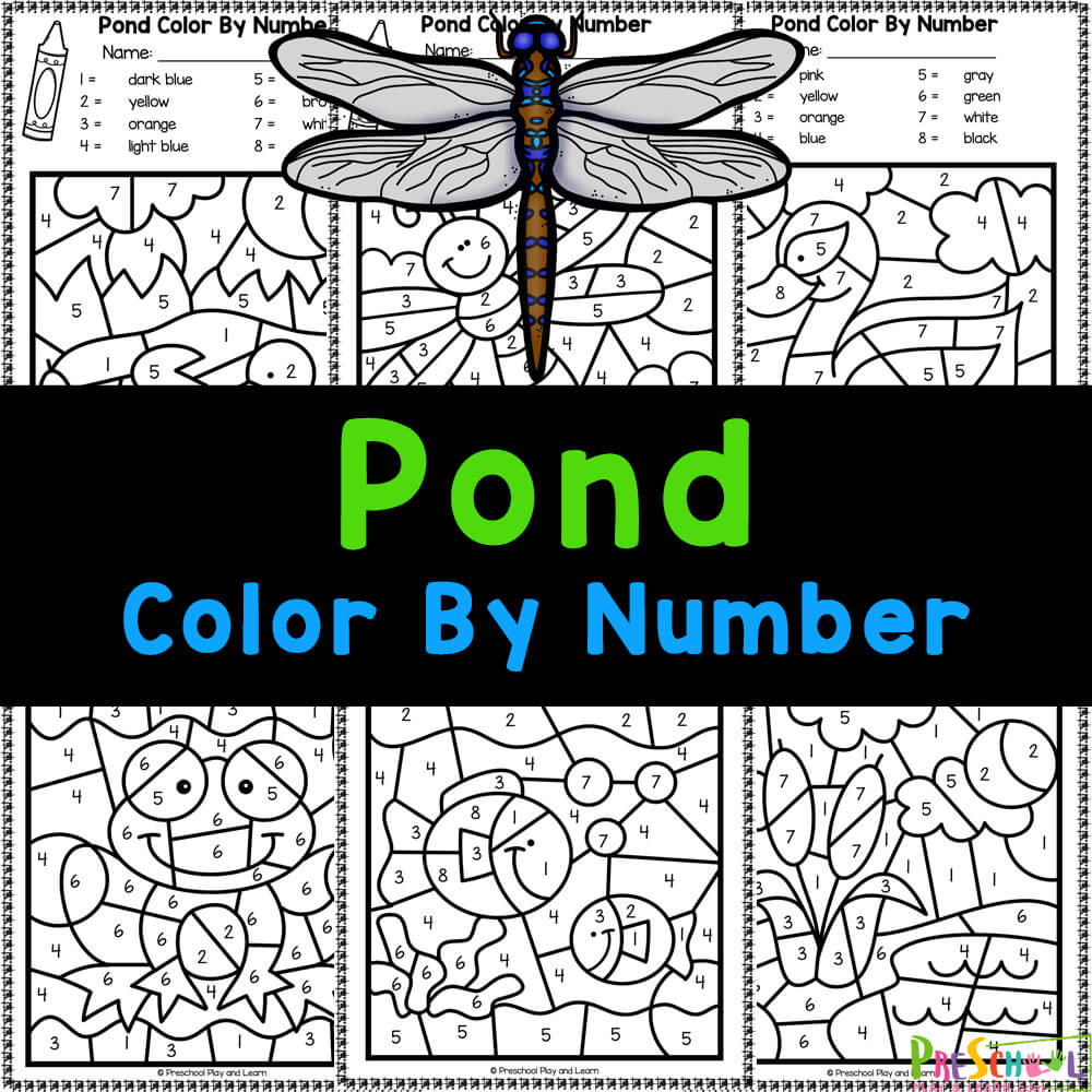 Free printable pond animals color by number worksheets