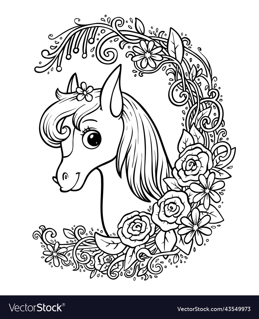 Coloring book cute pony in a floral frame vector image