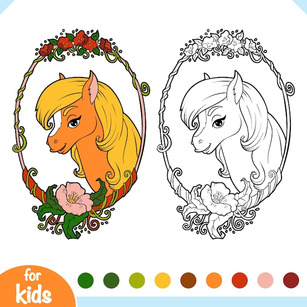 Premium vector coloring book for children cute horse in a floral frame