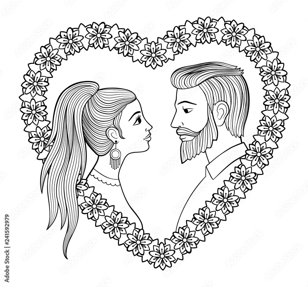 Young couple in heart shaped floral frame bearded man and woman with pony tail antistress coloring page for adults vector illustration vector