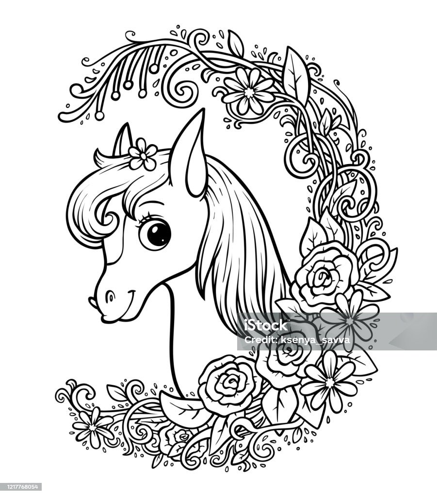 Coloring book cute pony in a floral frame stock illustration