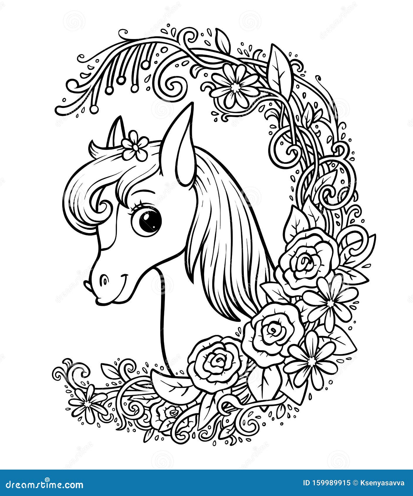 Coloring book cute pony in a floral frame stock vector