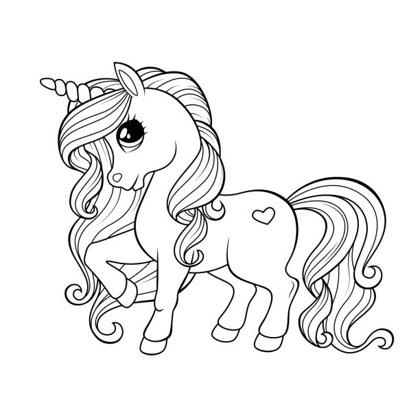 Cute little unicorn black and white illustration for coloring book stock illustration