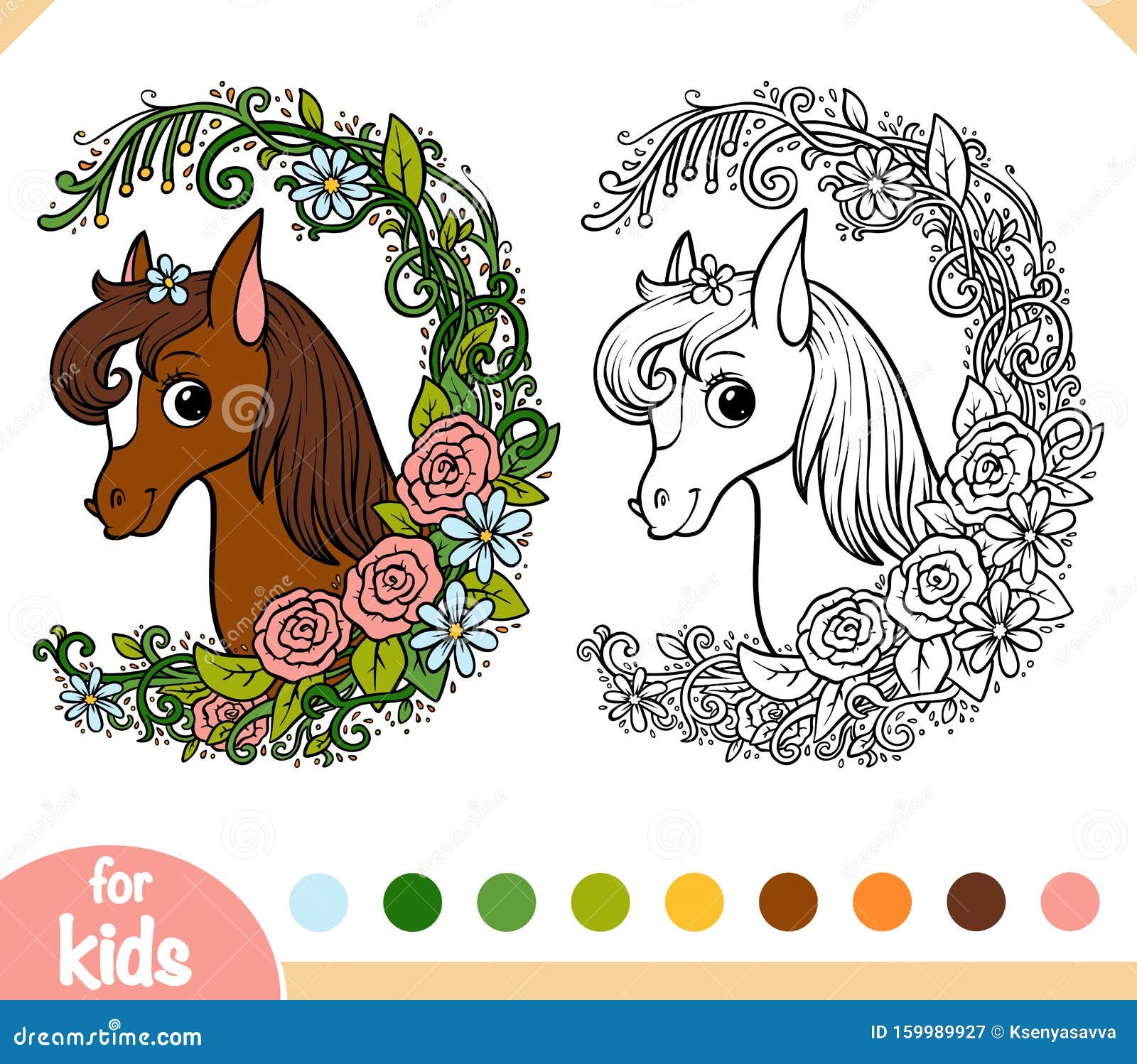 Coloring book cute pony in a floral frame stock vector