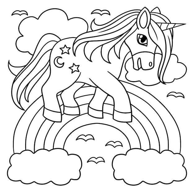 Premium vector unicorn walking on the rainbow coloring page
