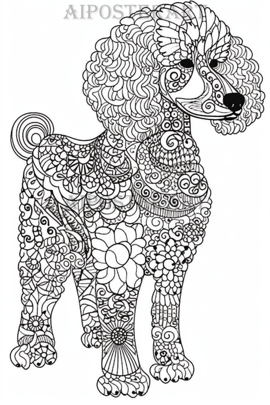 Poodle dog coloring page for adults printable coloring sheet