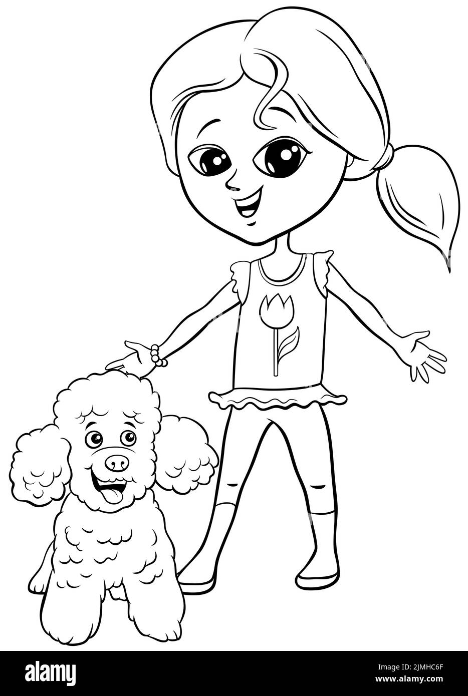 Cartoon girl with poodle dog character coloring book page stock photo