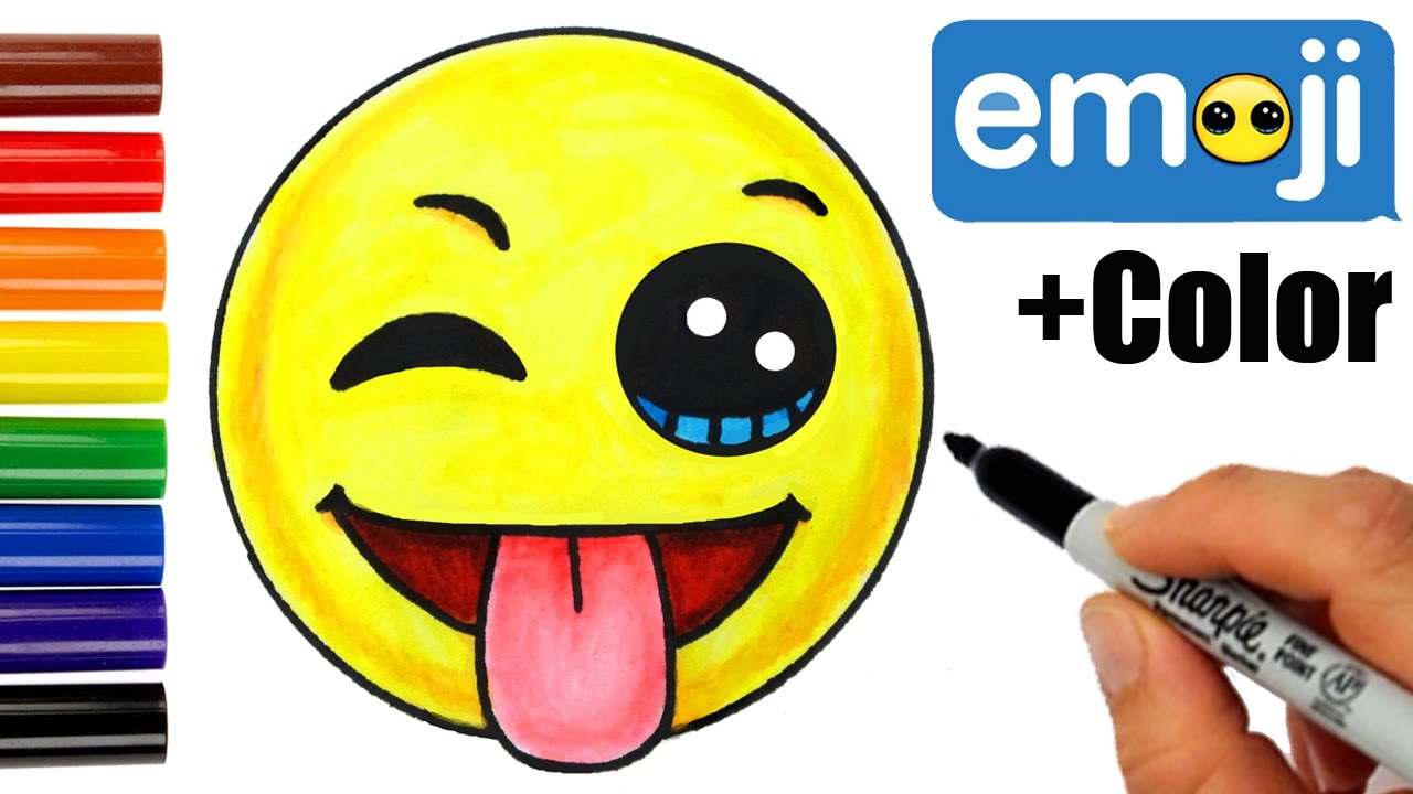 How to draw color eoji wwinking eye tongue out face step by step easy