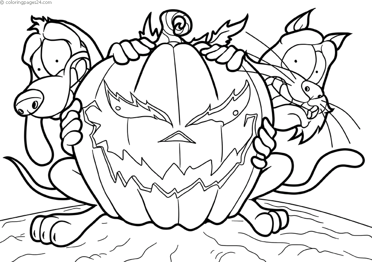 Dog and cat hiding behind a pumpkin coloring pages