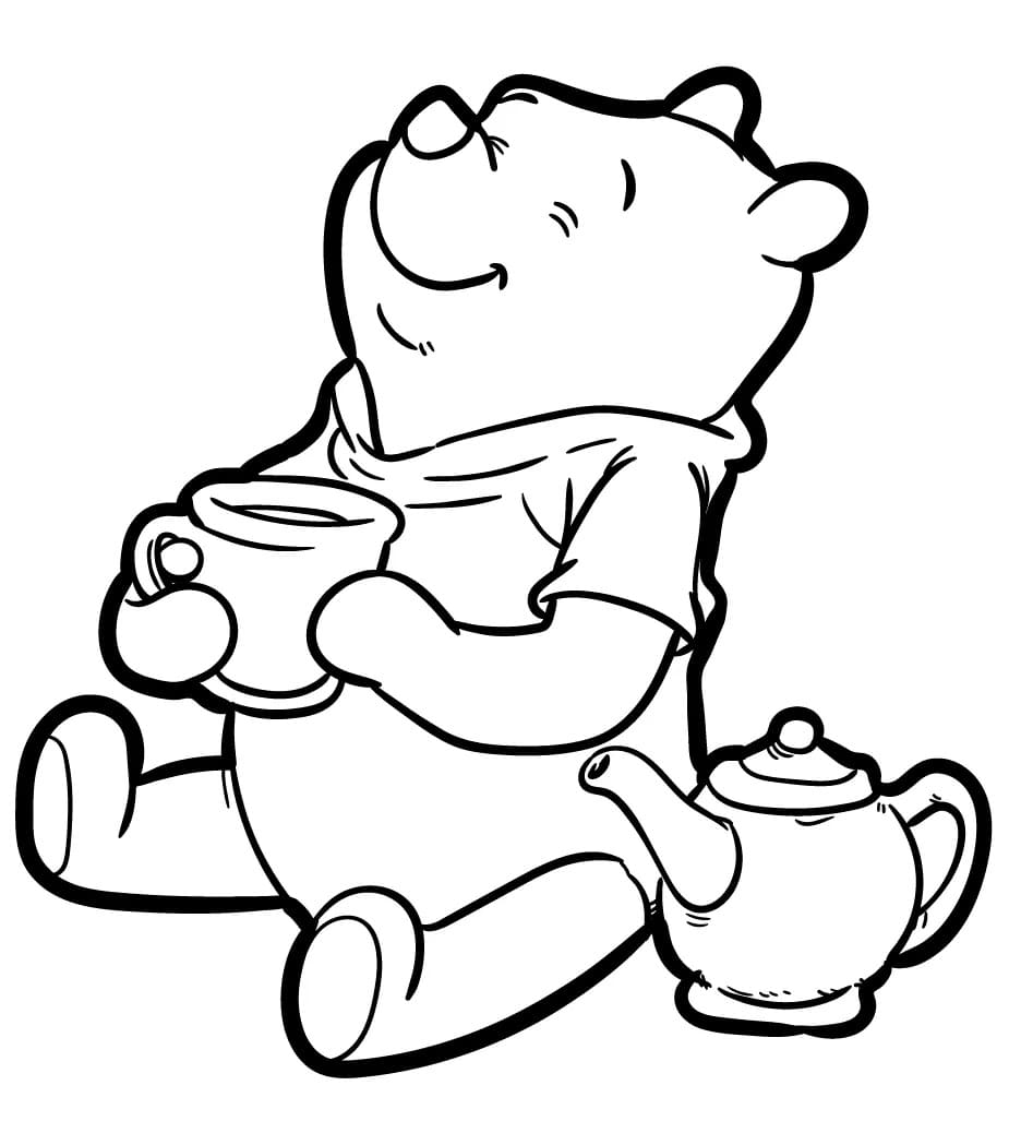 Winnie the pooh having tea coloring page